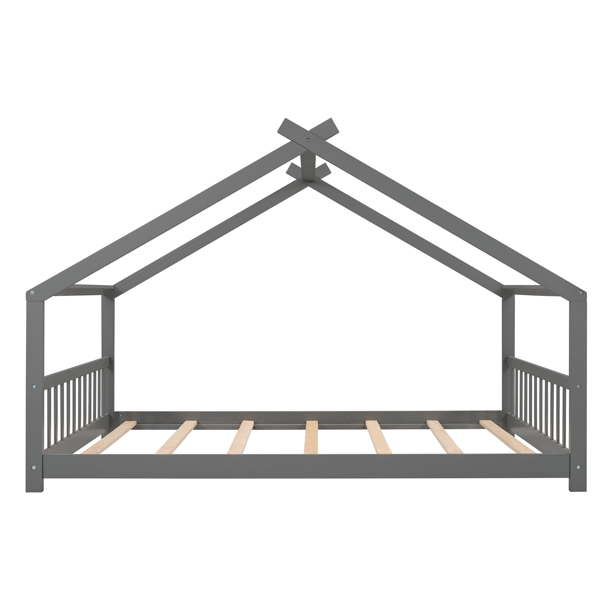 Leumius Full Size Wood House Bed for Kids,Montessori Floor Bed Frame with Headboard and Footboard,Playhouse Bed for Girls Boys(Full, Gray)