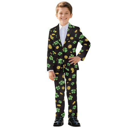 Xoenoiee Shamrock Coin Print Boy Formal Suits 2 Pieces Slim Fit Dresswear Suit Set St. Patrick s Day Blazer Jacket Pants with Pockets for Boys 9-10 Years