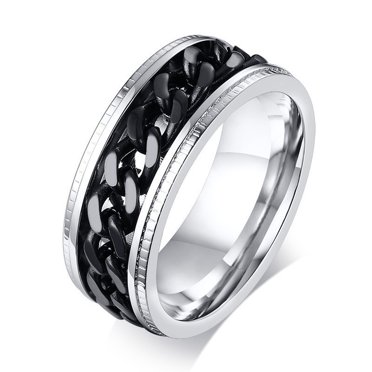 Mens FIDGET Black Rings with Center Curb Chain Spinner Ring Stainless Steel