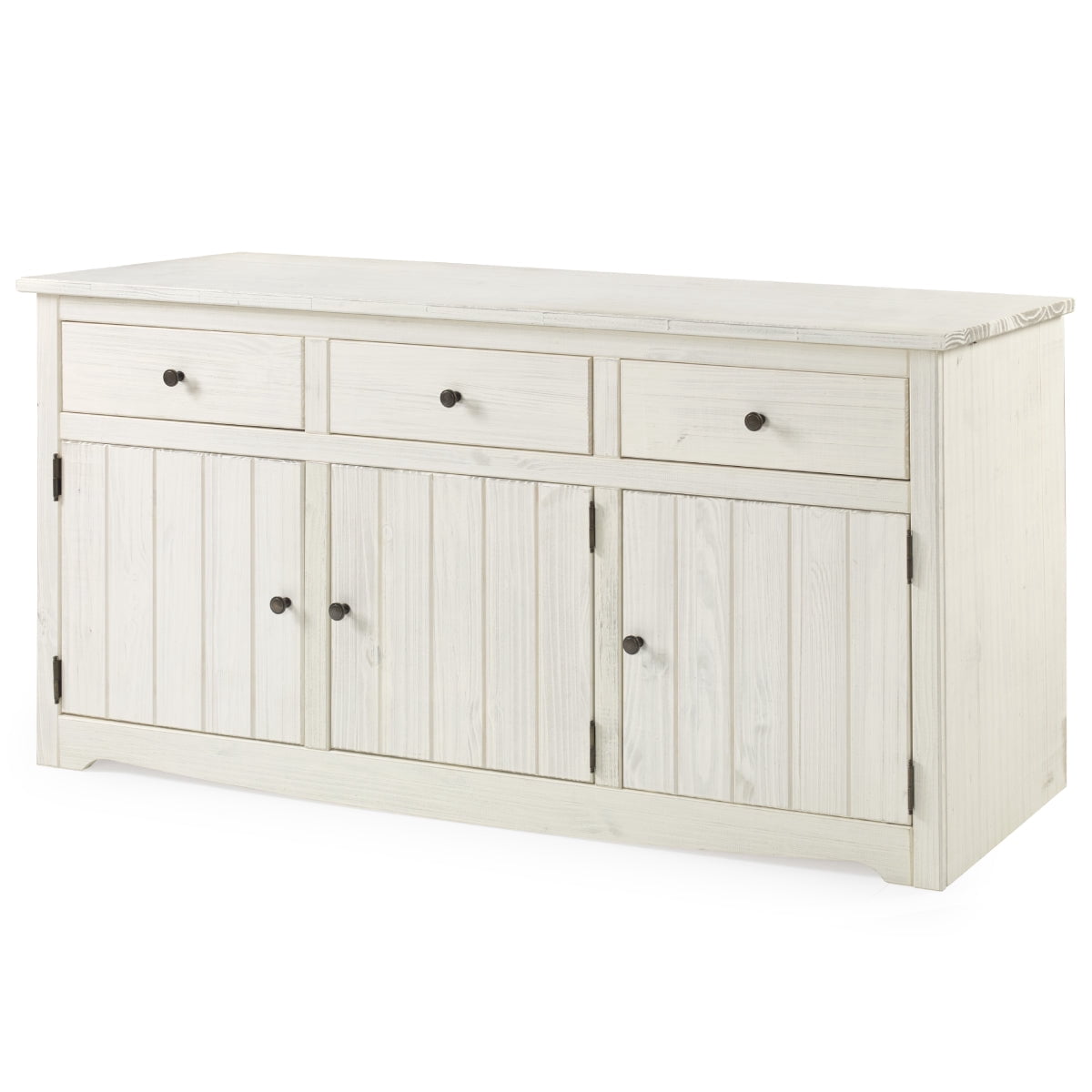OSHOME 66" Farmhouse Solid Pine Accent Buffet Sideboard with 3 Drawers in Distressed White