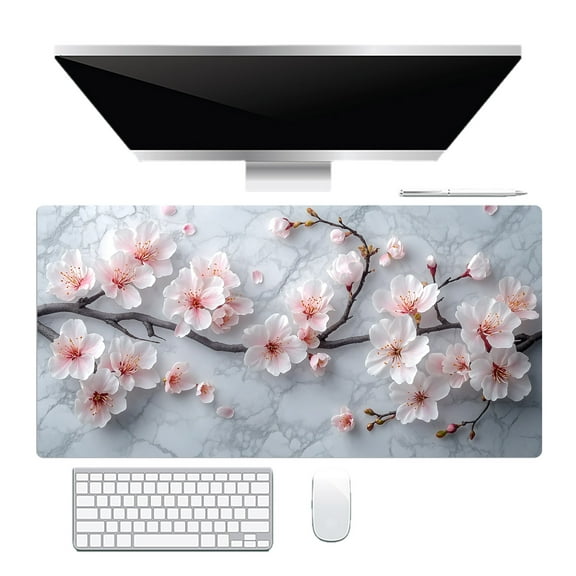 NEONWE Pink Floral Gaming Mouse Pad Grey Marble 3D Spring Nature Large Desktop Mouse Pad with Stitched Edges Non-slip Rubber for Work Game Office Home, 3mm Thick, 31.5 X 15.75 Inch