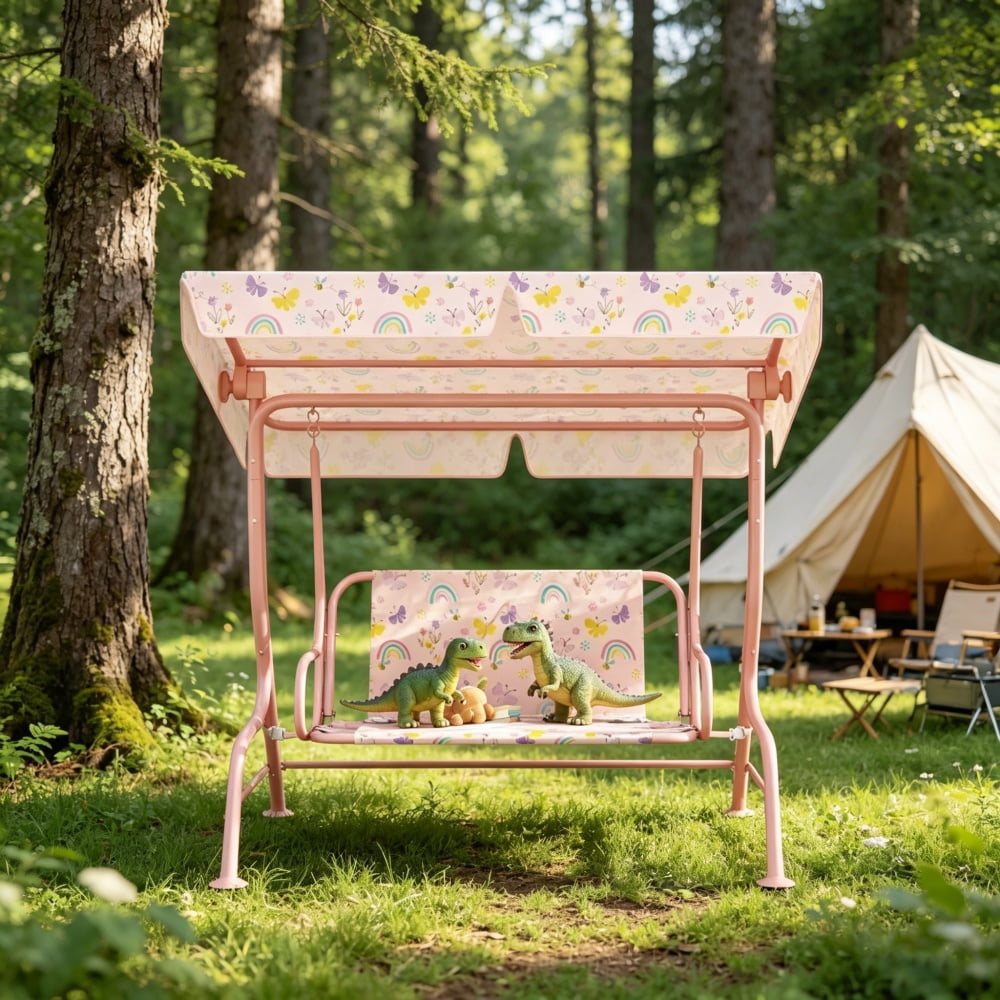 Pink Kids Swing Chair with Adjustable Canopy - Heavy-Duty Steel Frame, 132lbs Capacity for 3-6 Years Old