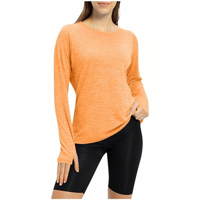 BLVB Hauts d'Entraînement pour Femmes à Manches Longues, Col Ras du Cou, Chandails de Course Athlétiques avec Trous pour les Pouces, T-Shirts de Yoga Respirants