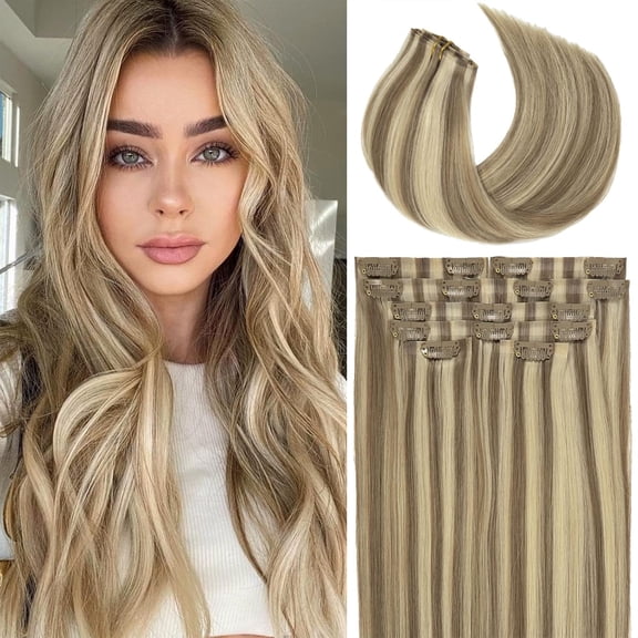 Lacer Hair Highlight Real Hair Extensions Clip in Human Hair Seamless PU Weft Natural Light Brown Mixed Platinum Blonde P#8/60 Clip on Extensions for Fine Thin Hair Women 16 Inch 110g 7Pcs