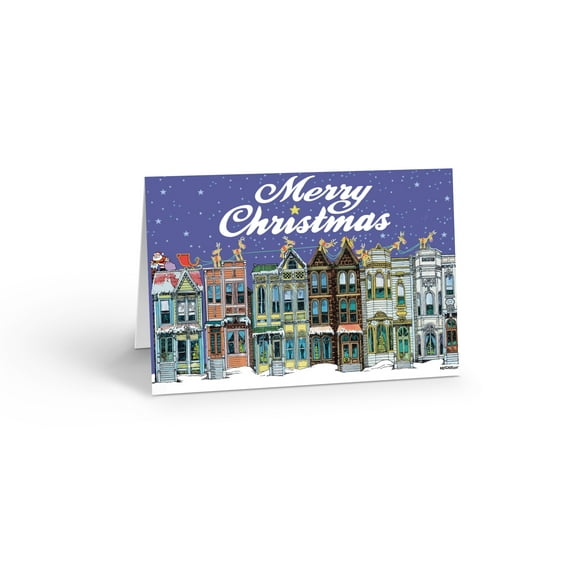 Santa and Reindeer with Small Roof Trouble - 12 Holiday Cards and Envelopes - 18