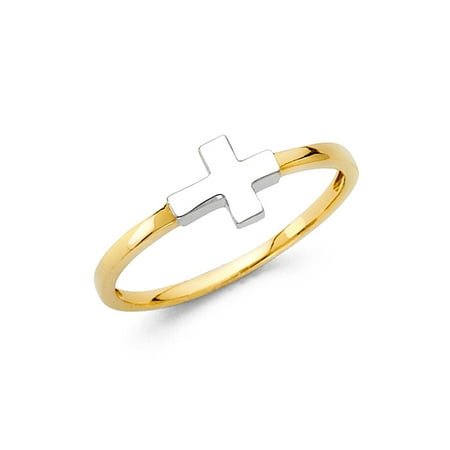 Cross Solid 14k Gold Ring - 14K Solid Gold Silver Cross Fancy Ring, Size 5.5