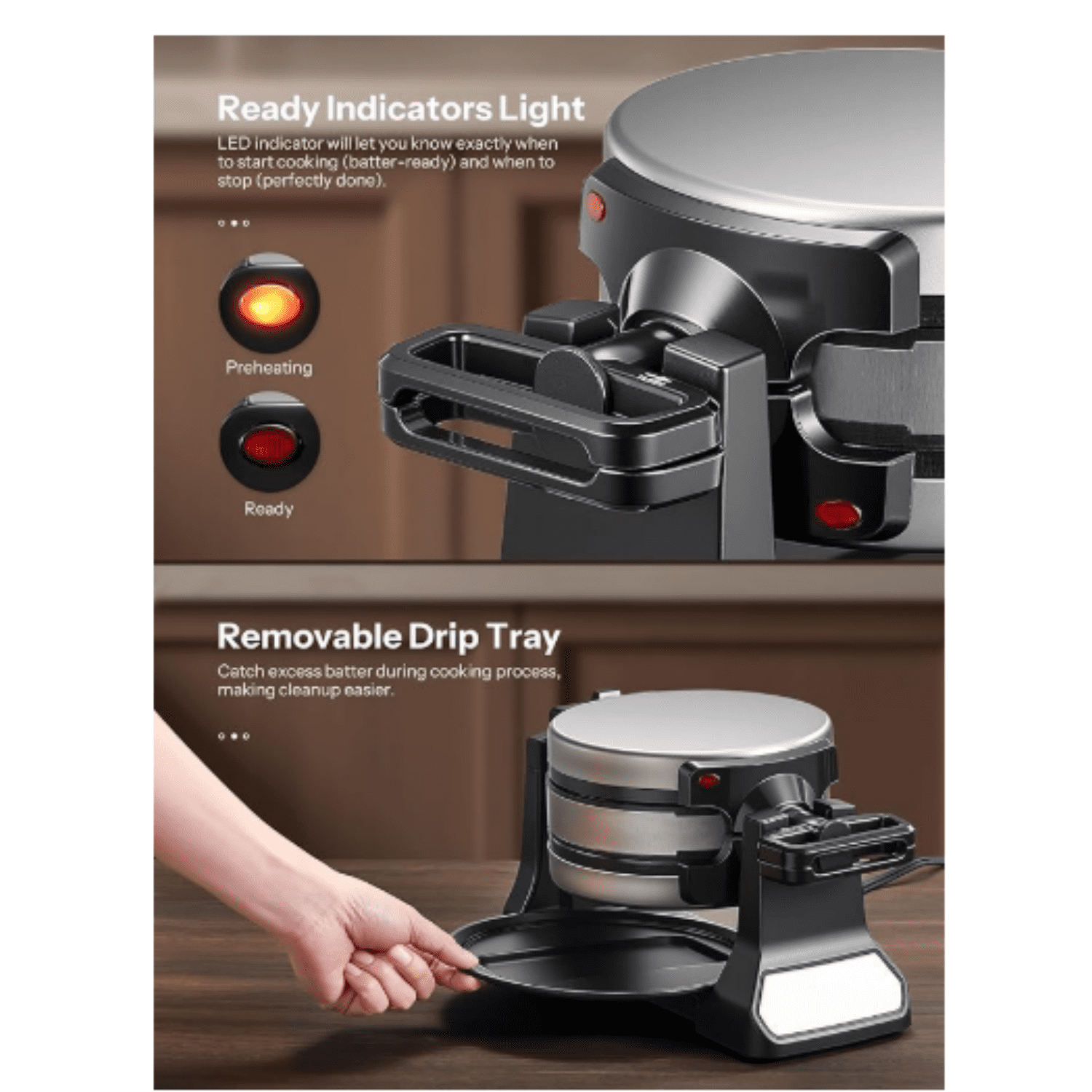 Belgian Waffle Maker, Classic Rotating Waffle Iron with Nonstick Plates, Removable Drip Tray and Cool Touch Handles, Double Flip Waffle, Rotating Belgium Waflera Maker by Yabano, Brushed Stainless