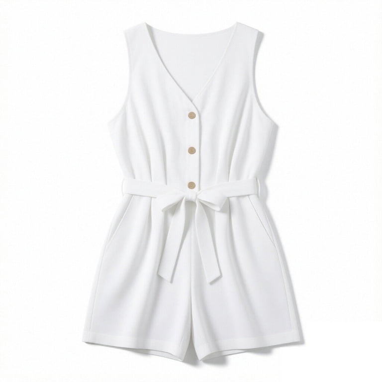 White Sleeveless Romper Women's V‑neck Button Front Tie Waist