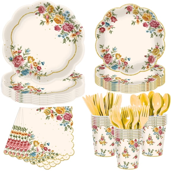 140-Piece Floral Party Supplies Set for 20 Guests Vintage Rose Gold Rim Disposable Dinnerware Set with Paper Plates Cups, Napkins, and Plastic Cutlery, Perfect for Tea Party, Bridal Shower, and Birt