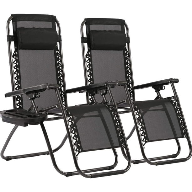 FDW Chaises Zéro Gravité pour Patio, Ensemble de 2, Coussin et Porte-Gobelet, Mobilier de Patio Extérieur, Chaises de Salle à Manger Inclinables Pliantes Réglables pour Terrasse et Plage, Noir