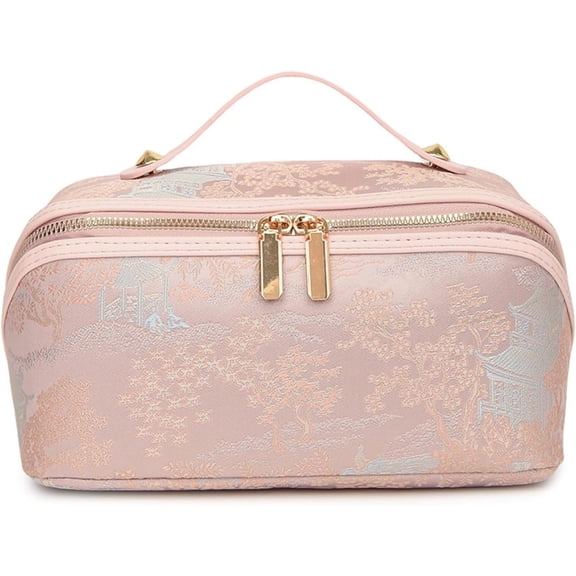 Women Open-Flat Pink Makeup Case Large Capacity Travel Toiletry Cosmetic Bag, Waterproof Cosmetic Organizer with Divider Pouch Zipper Bags
