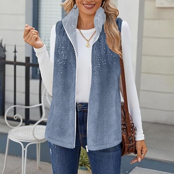 Women's Retro Print Warm Fleece Lined Cardigan Vest Coat Blue L