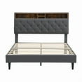 thumbnail image 4 of Queen-Size Upholstered Platform Bed Frame, Modern Button-Tufted Linen Headboard, USB Ports, Charging Station, 2 Side Pockets, No Box Spring Needed, Dark Grey, 4 of 10