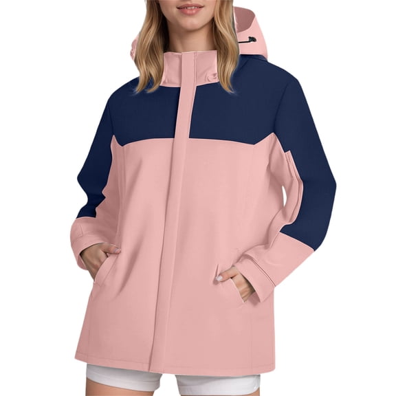 Women Fall Jackets Patchwork Zipper Hooded Windbreaker Oversize Windproof Waterproof Outdoor Hiking Raincoat With Pocket Lightweight Jacket