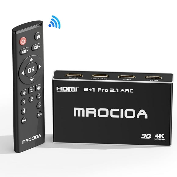 Conmutador HDMI 2.1 8k a 60 Hz, divisor HDMI, conmutador HDMI ARC de aluminio Mrocioa, salida 3 en 1 con control remoto IR, HDR10+ Dolby Vision/Atmos HDCP 2.3 CEC