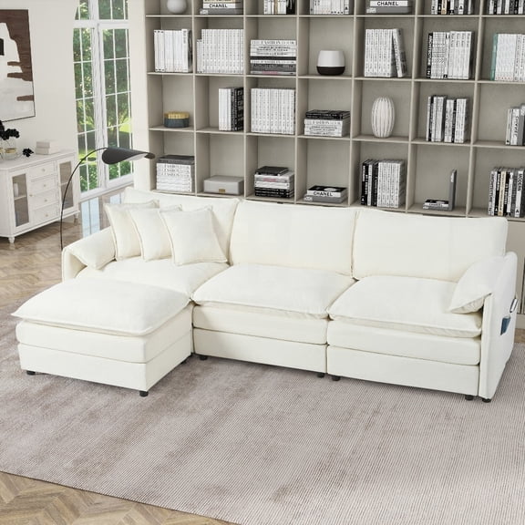 Oversized Deep Seat L Shaped Couch Set - 3-Seater Comfy Cloud Sofa in Chenille Beige for Living Room with Movable Ottoman