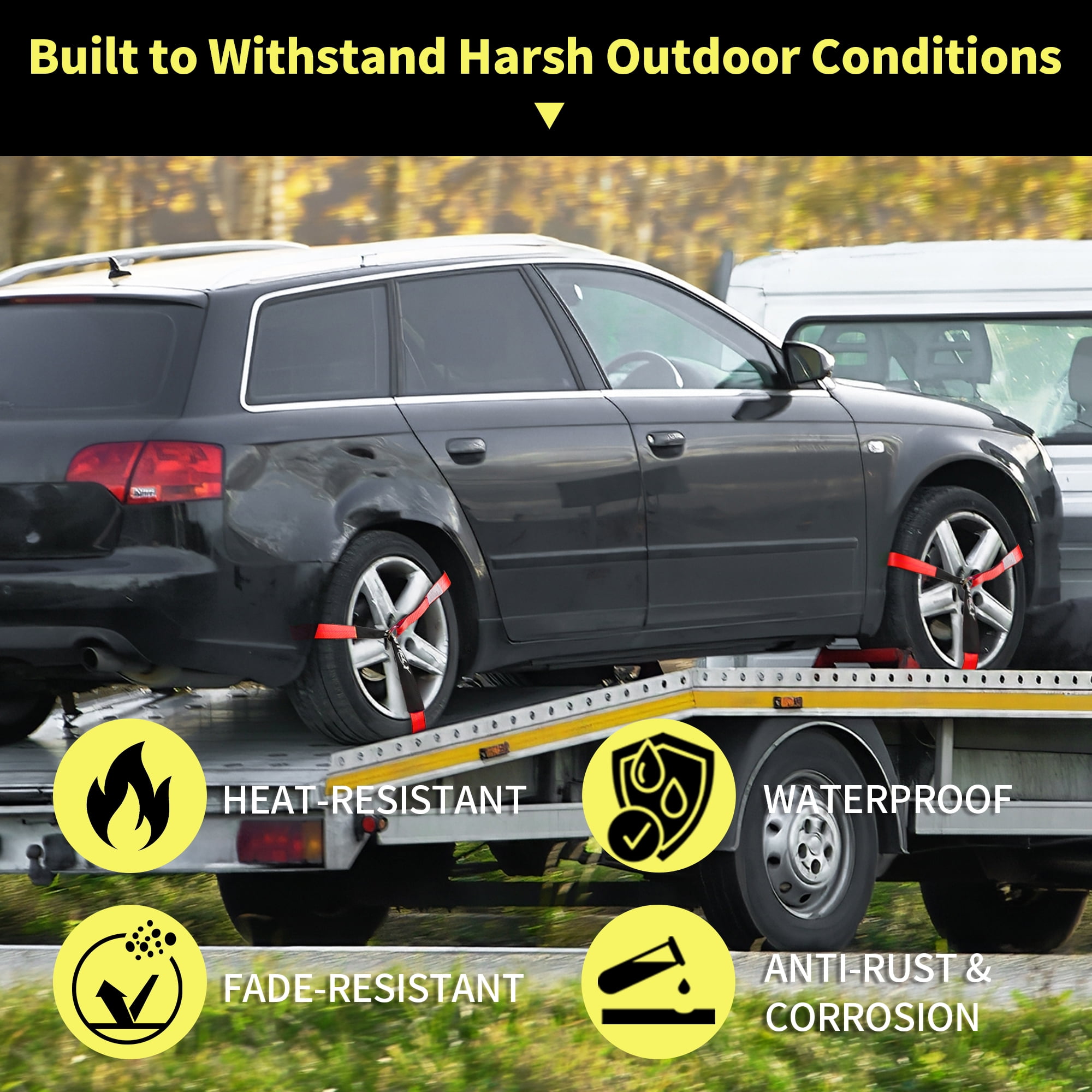 4 Pack Reflective Wheel Tie Down Straps for Trailers,Tire Ratchet Strap with Chain Anchors - 2" x 96" 9900LBS Break Strength,Lasso Style Car Hauler Straps for Hauling UTV, SUV, Truck, Any Cars, Red