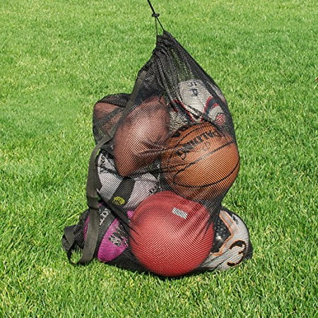 Sports Ball Bag Drawstring Mesh - Extra Large Professional Equipment with Shoulder Strap Black (30