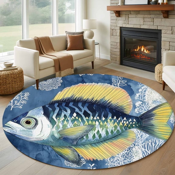 Coastal Blue Yellow Fish Round Rug 5ft Washable Circle Kitchen Rugs Non Slip Summer Ocean Coral Plant Large Area Rug Indoor Floor Carpet for Bedroom Living Room Home Office Dining Room Nursery