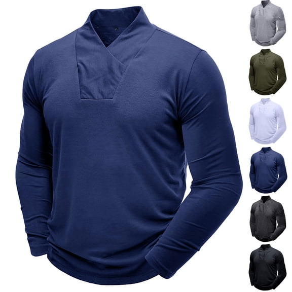 Fewfanhot Mens T Shirts Solid Color Bag Collar Pullover Outdoor Sports Golf Shirts Casual Long Sleeve Shirt