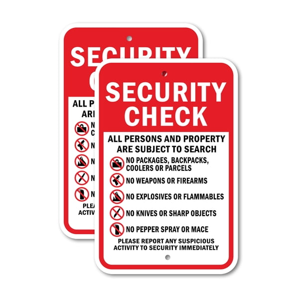 (2 Pack) Security Check All Persons And Property Are Subject To Search | 12" X 18" Heavy-Gauge Aluminum Sign | Rust Free Aluminum, Weather Resistant, Waterproof, Fade Resistant, 2