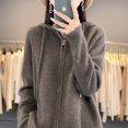 thumbnail image 4 of Suéter de lana merino 100 % para mujer, nuevo cárdigan con cuello redondo y capucha, camisa de punto de base cálida de color sólido a la moda para otoño/invierno, 4 of 5