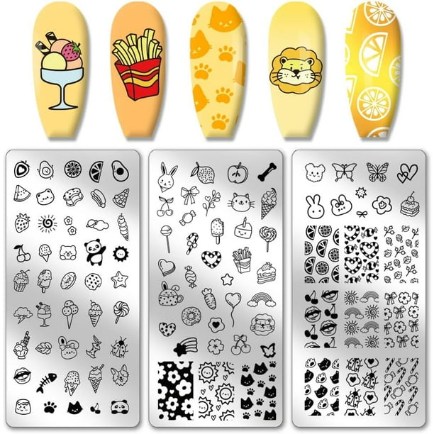 3 placas de estampado de uñas con diseños de dibujos animados, ideales para decorar uñas con temática de postres, helados y animales. Fabricadas en acero inoxidable.