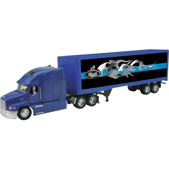 Mack Pinnacle Truck with Pot Belly Livestock Trailer Blue and Chrome "Long Haul Truckers" Series 1/32 Diecast Model by New Ray