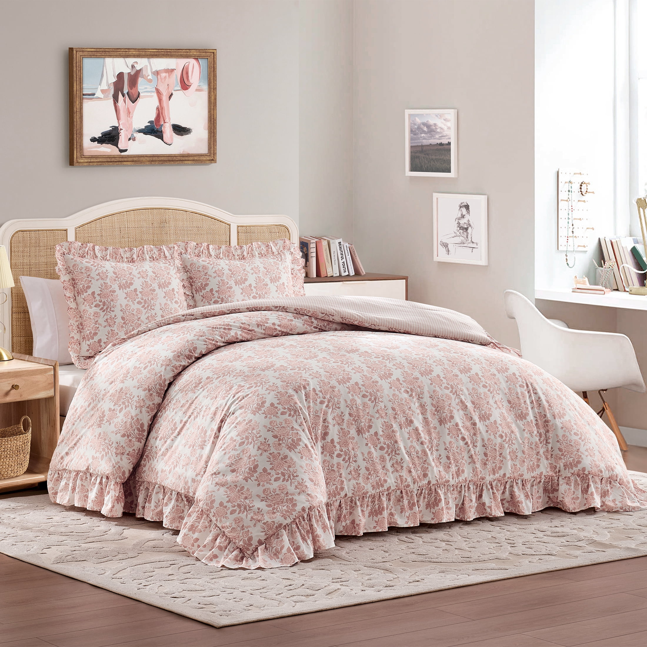 My Texas House 3-Piece Pink Floral Toile Comforter Set with Ruffle Trim, Full/Queen