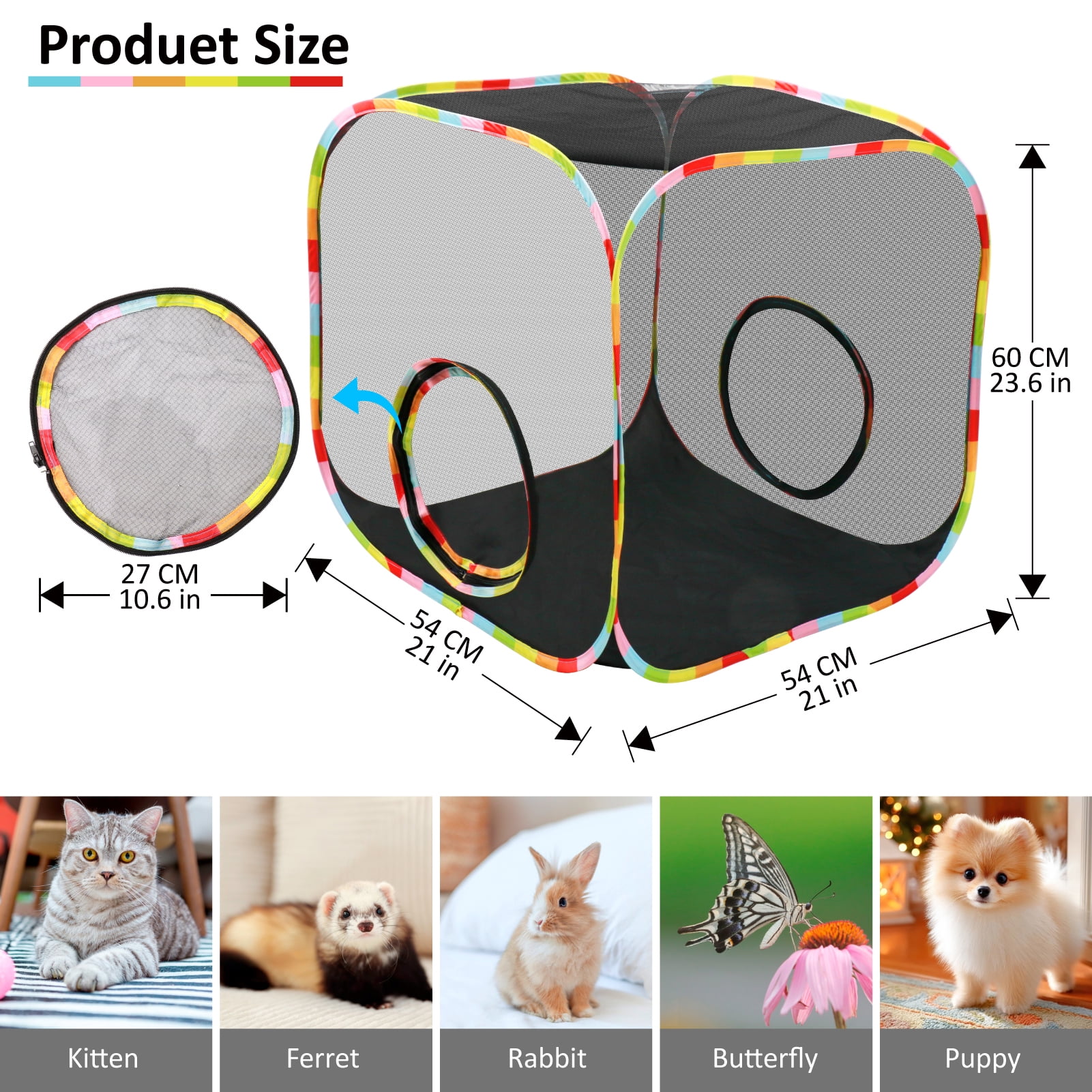 Portable Collapsible Cat Playpen, Escape-Proof Heavy-Duty Mesh Cat Enclosure, Fully Enclosed Cat Cube for Indoor Outdoor Use, Ideal for Kittens and Small Pets