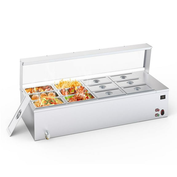 96QT Steam Table 12x8QT Electric Commercial Food Warmer 12-Pans with Acrylic Shield Stainless Steel Bain Marie Countertop with Overheating Protection for Restaurants Buffets Party 1500W,110V