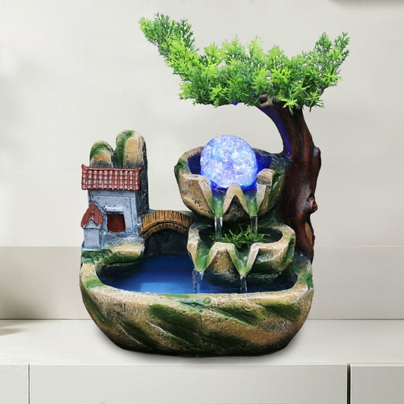 FETCOI Mini Rockery Fountain Waterfall Water Sound Feng Shui w/Led Light Desktop Decor