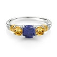thumbnail image 2 of Gem Stone King 925 Silver and 10K Yellow Gold Blue Lapis and Yellow Citrine and Diamond 3-Stone Ring for Women (1.63 Cttw, Gemstone Birthstone, Cushion 6MM and 4MM, Size 8), 2 of 3