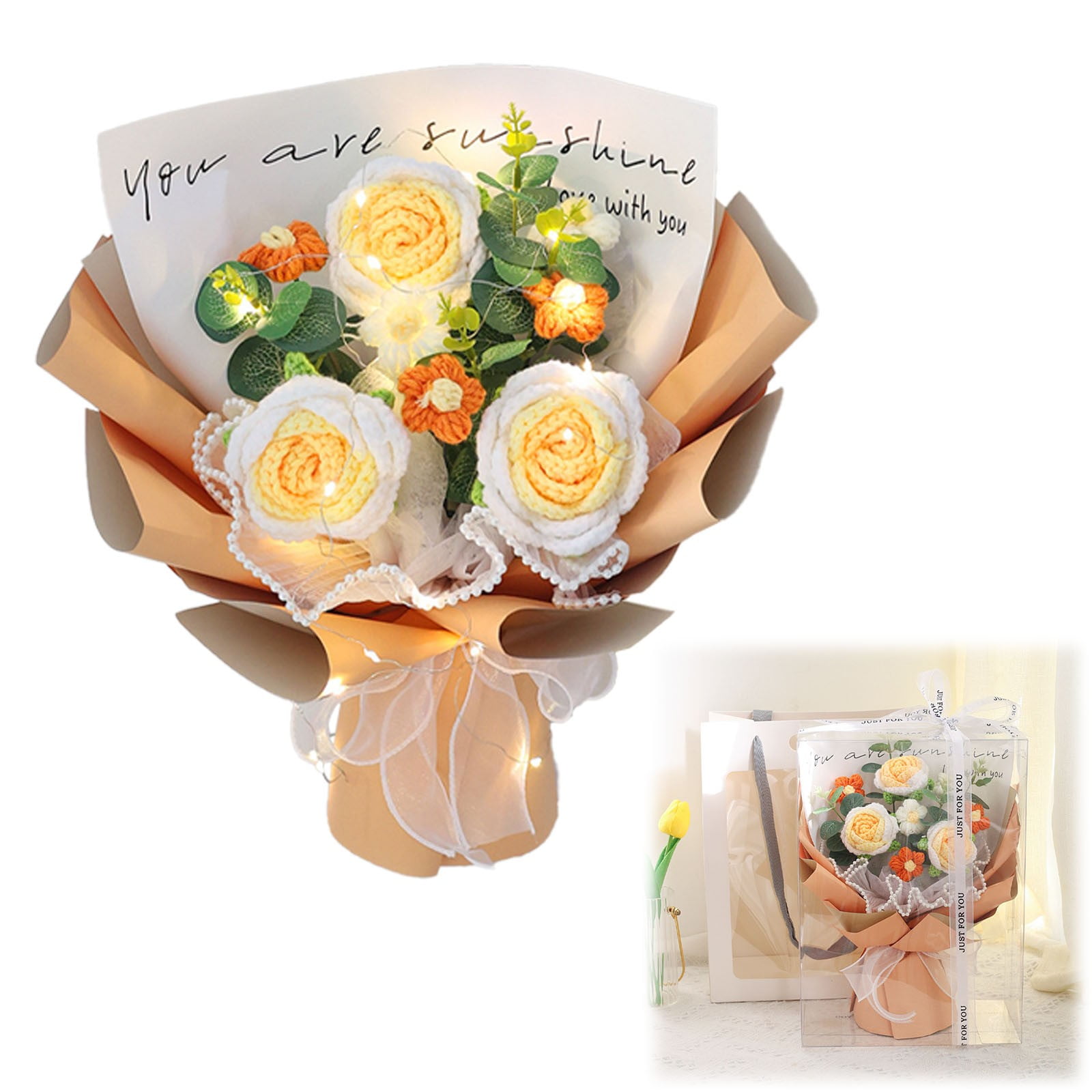 Crochet Yellow Flowers Bouquet Gift for Women, 1pc Handmade Crochet Rose Sunflower Flower, Graduation Bouquet, Artificial Knitted Bouquet with LED Light for Graduation Wedding Gift and Home Decoration