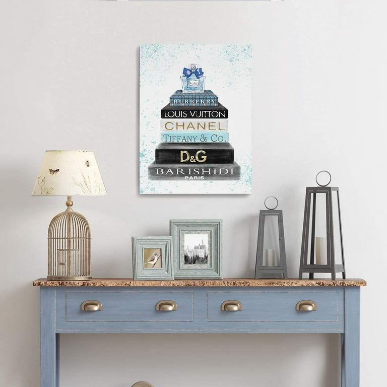 Bedroom Wall Art Blue Perfume on the Book Picture Print on Canvas Framed  Bathroom Wall Decor Modern Female Room Chanel Decor Artwork Wall  Decorations for Teen Girls Room Size 12x16 inch Ready