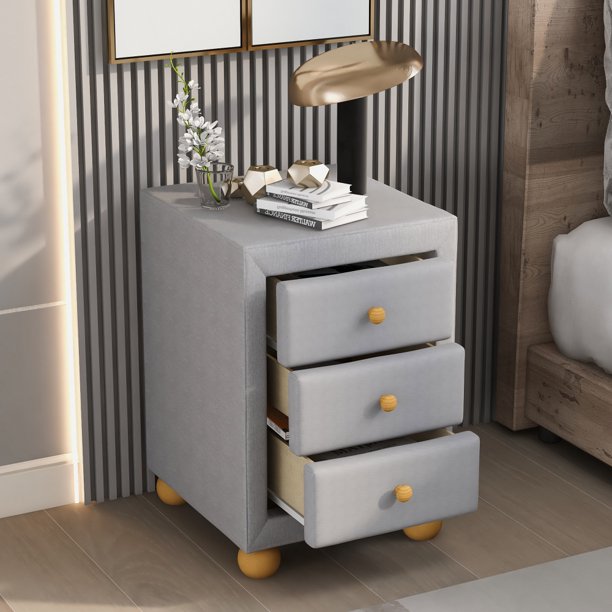 Modern Upholstered Storage Nightstand With 3 Drawers, Natural Wood