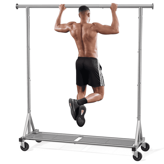 Mr IRONSTONE 450 lbs Heavy Duty Clothes Rack, Silver Chrome Garment Rack with Rolling Wheels and Bottom Shelf