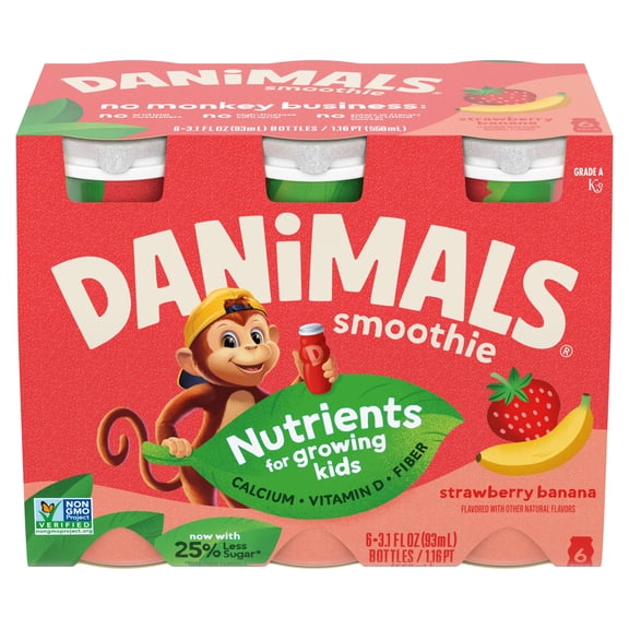 Danimals Smoothie Strawberry Banana Low Fat Dairy Drink Smoothie Bottles Multi-Pack, 3.1 fl oz, 6 Count​