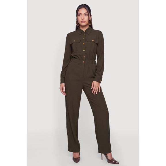 Women's Crepe Knit Long Sleeve Button Front Jumpsuit