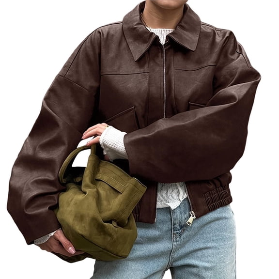 Female Faux Leather Motorcycle Jacket Trendy Pockets Zip Up Cropped Jackets Coat Outerwear Brown M