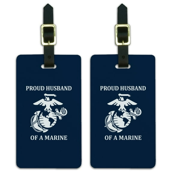 Proud Husband of a Marine USMC White on Blue Officially Licensed Luggage ID Tags Suitcase Carry-On Cards - Set of 2