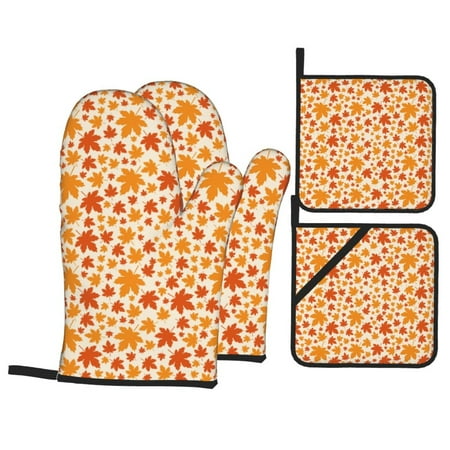 

Oven Mitts and Pot Holders Sets 4 pcs - Autumn Red and Orange Maple Leaves Heat Resistant Silicone Oven Gloves with Non-Slip Silicone Surface and hot pads for kitchen Baking Cooking BBQ