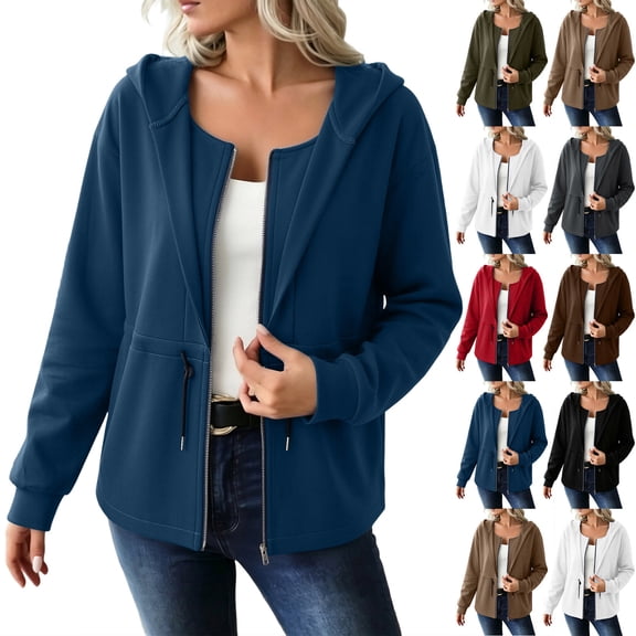 Horkkom Sweatshirt for Women Drawstring Long Sleeve Zip Up Hoodie Casual Hooded Crewneck Sweatshirt, S-2XL