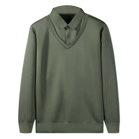 ZCFZJW Men's Lapel Faux Two-Piece Warm Top, Fall Winter Sherpa Fleece Lined Long Sleeve Faux 2-Piece Knitted Polo Shirt, Trendy Solid Color Business Work T-Shirts Green XXXL