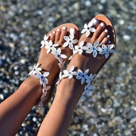 

2022 Summer Women Sandals Sweet Boho Pearl Decoration Sandals Leather Flats Plus Size Women Beach Sand Holiday Shoes Zapatos
