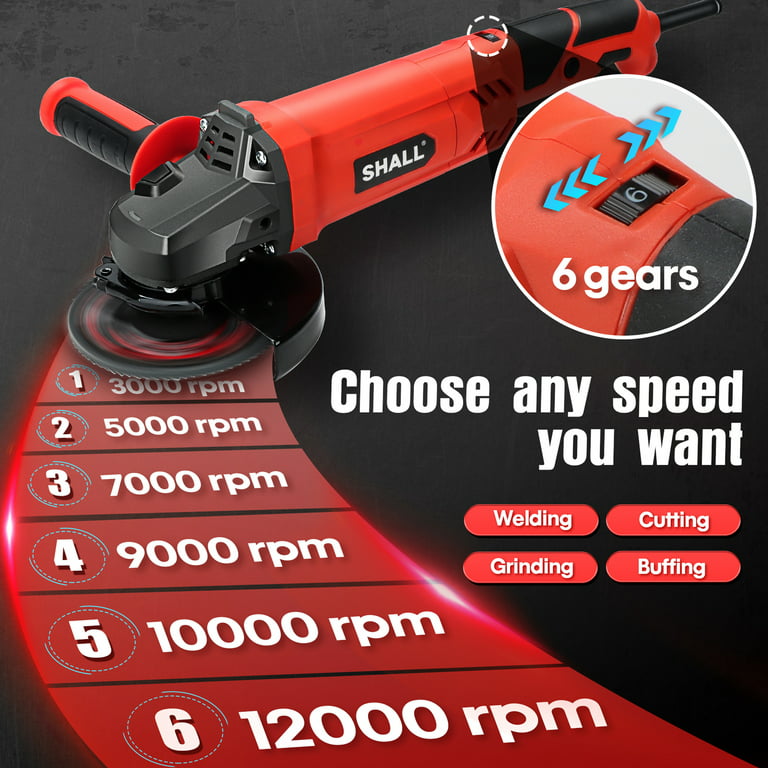 SHALL Angle Grinder Tool 7.5Amp 4-1/2 Inch, 6-Variable-Speed Grinders Power  Tools, Electric Metal Grinder 12000 RPM w/ 2 Safety Guards, Cutting Wheels,  Flap Discs, Non-Slip Handle for Metal/Wood 