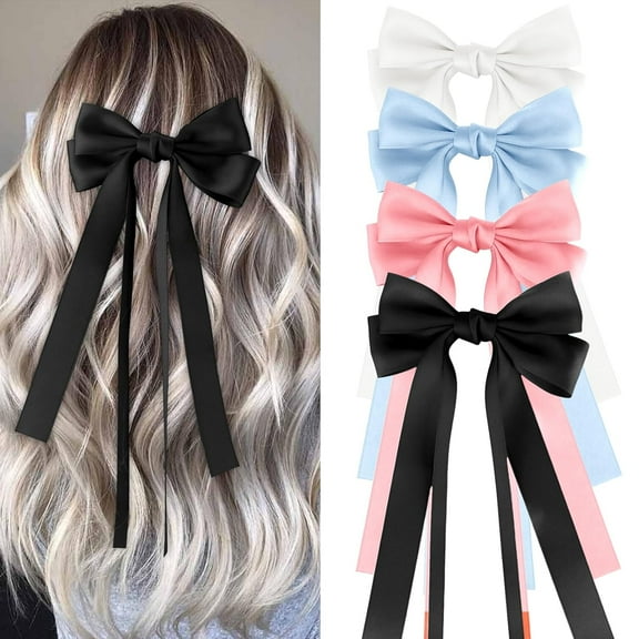 4PCS Hair Bows for Women Girls Silky Bow Hair Ribbon Clips with Long Tail Alligator Metal Clips Hair Bows