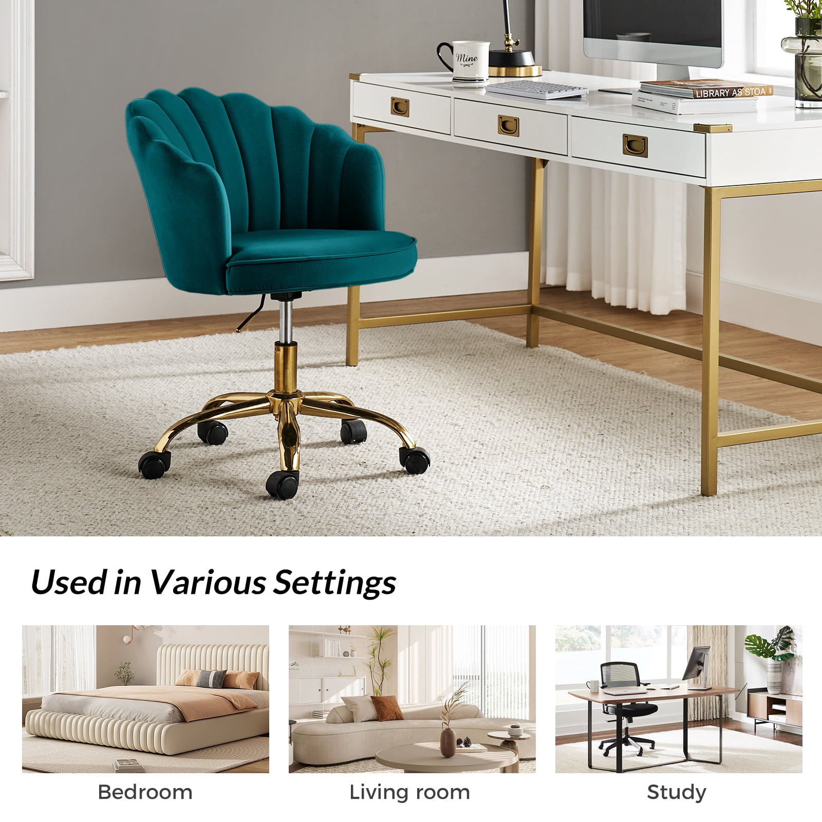 Makeup Vanity Chair Velvet Upholstered Office Task Desk Chairs Swivel Adjustable Teal