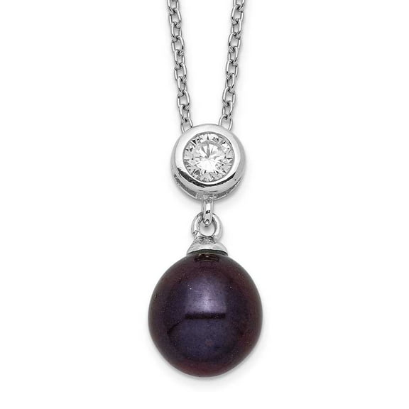 Sterling Silver Rhodium-plated 8-9mm Black Rice Freshwater Cultured Pearl and CZ 17 inch Necklace QH5500