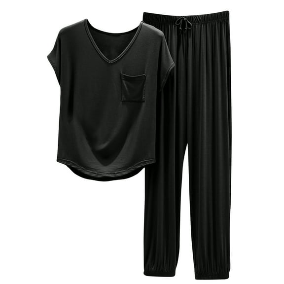 ShomPort Womens Pajamas Set V-Neck Short Sleeve Sleepwear Tops with Long Pants Loungewear Outfits